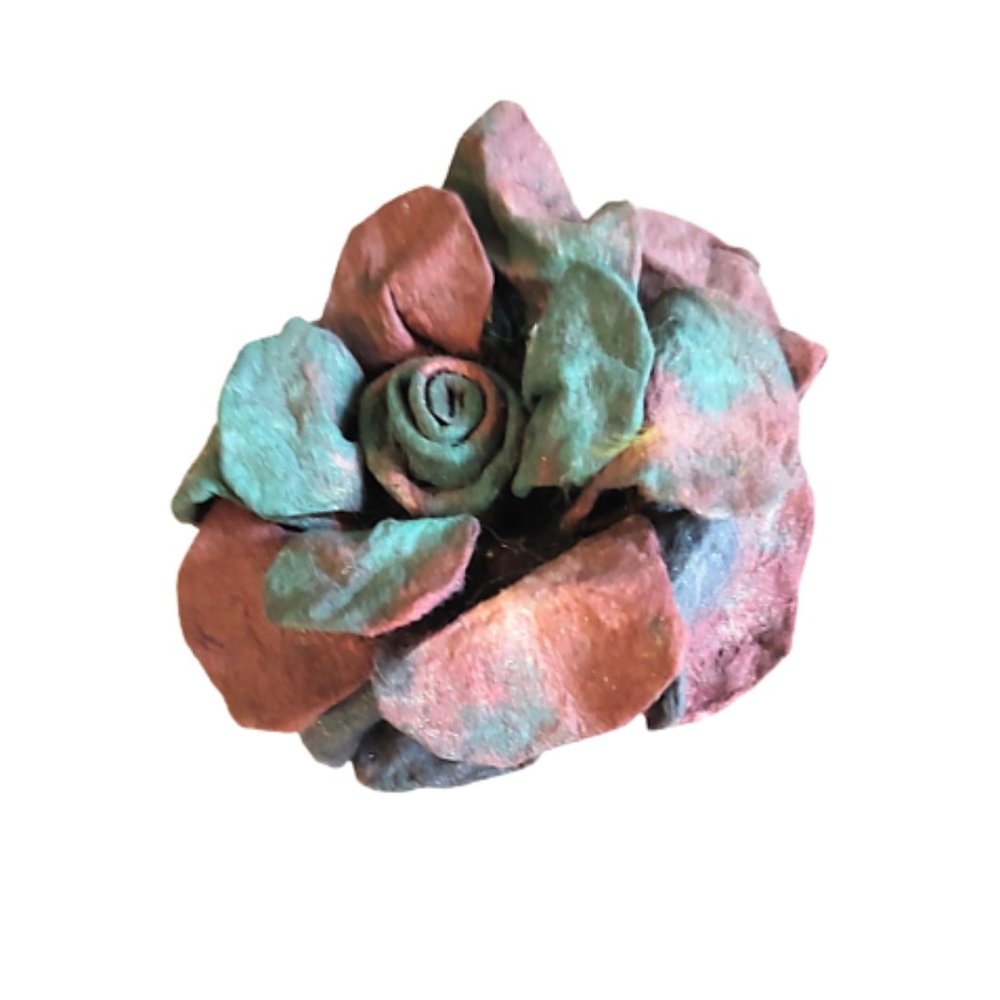 1990s Large Vintage Artisan Realistic Formed Paper Flower Pin In Blue And Rust